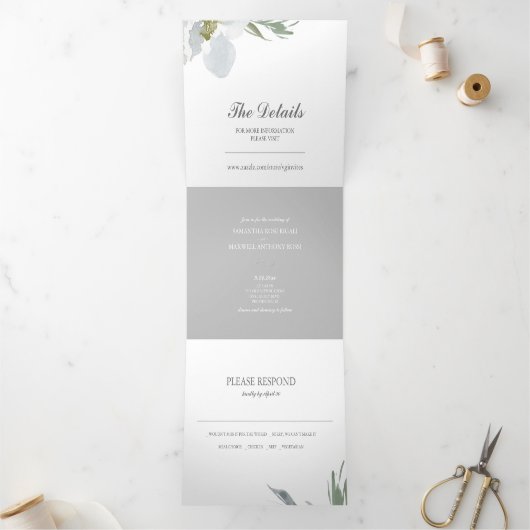 グレーのフローラと緑の全てをワンウェディングで招待 三つ折り招待状 (内部)