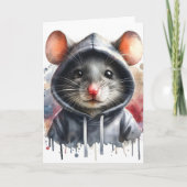グレーのフード付きマウス 水彩スプラッシュアート カード (正面)