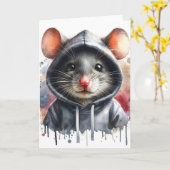 グレーのフード付きマウス 水彩スプラッシュアート カード (黄色い花)