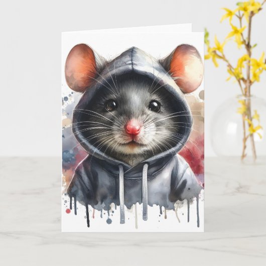 グレーのフード付きマウス 水彩スプラッシュアート カード (黄色い花)