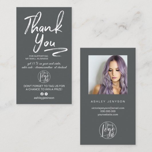 グレーのブラシ付きスクリプトフォトロゴの感謝してい順序 名刺 (正面/裏面)