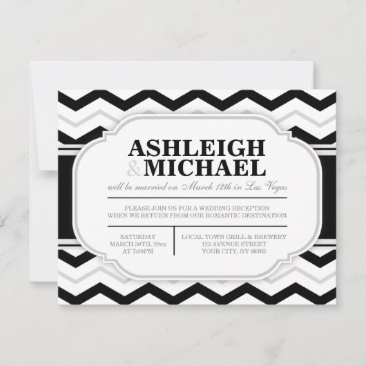 グレーのブラックホワイトシェブロン 結婚式の披露宴のみ 招待状 (正面)