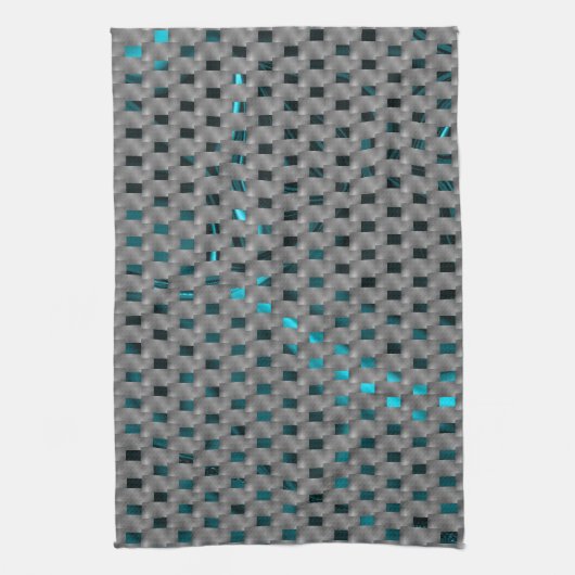 グレーのプレート、四角形の下のシアンの画像 キッチンタオル (縦)