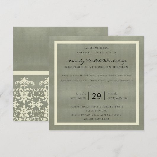 グレーのベルベットホワイトのダマスククラシックワークショップイベント 招待状 (正面/裏面)
