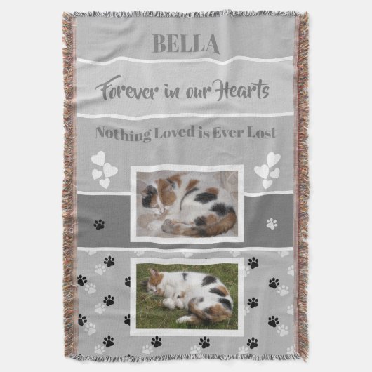 グレーのペットの記念写真の名前と写真とプリント スローブランケット (正面縦)