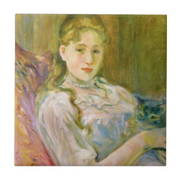 グレーのペット猫を飼っている女の子(by Berthe Morisot) タイル