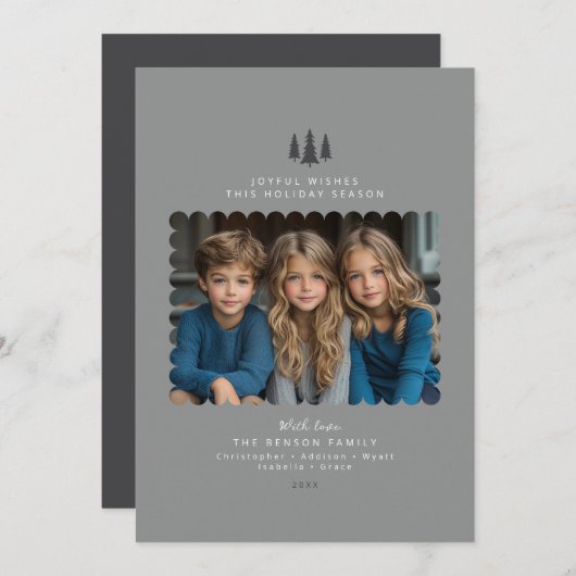 グレーのミニマルモダンリストフォトクリスマスカード シーズンカード (正面/裏面)