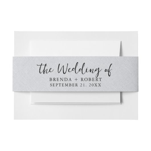 グレーのミニマルLinenテクスチャブラックスクリプト 招待状ベリーバンド (正面例)