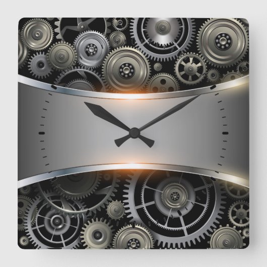 グレーのメタリック背景荷物タグ スクエア壁時計 (正面)