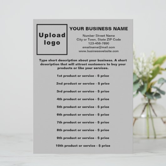 グレーのメニューカードのビジネス製品と価格 メニュー (スタンド正面)