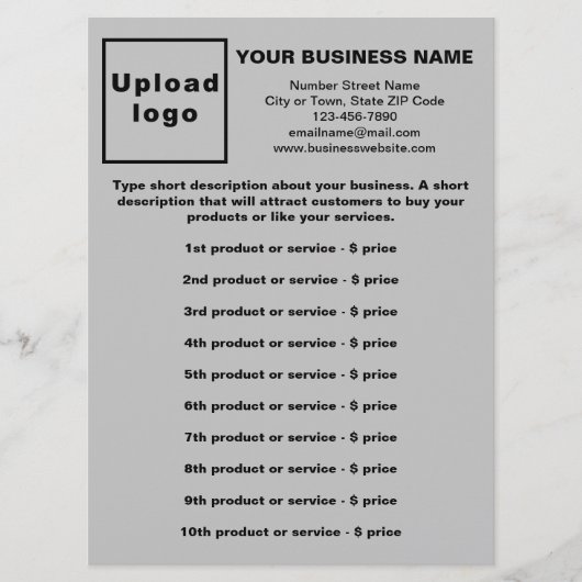 グレーのメニューカードのビジネス製品と価格 メニュー (正面)