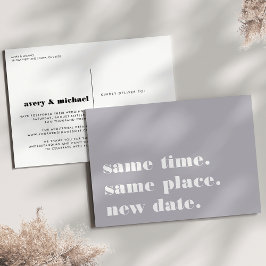 グレーのモダンな結婚式延期のお知らせ 案内ポストカード