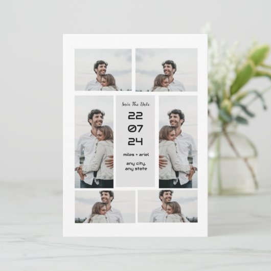グレーのモダン写真のコラージュは日付を保存 招待状 (スタンド正面)