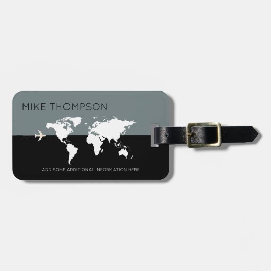 グレーのモダン黒いワールドマップの移動 ラゲッジタグ (正面横)