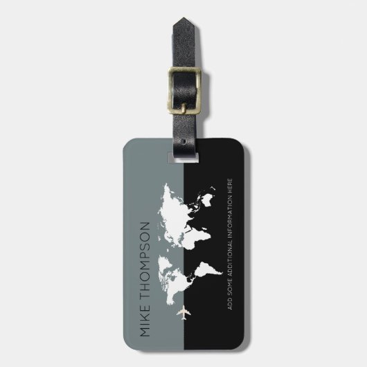 グレーのモダン黒いワールドマップの移動 ラゲッジタグ (正面縦)