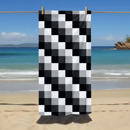 グレーのモノクロチェックされたピクセルモザイクパターン ビーチタオル