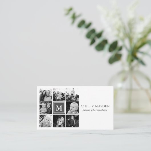 グレーのモノグラムファミリー写真コラージュ写真 名刺 (スタンド正面)