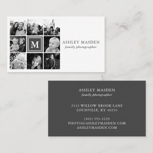 グレーのモノグラムファミリー写真コラージュ写真 名刺 (正面/裏面)