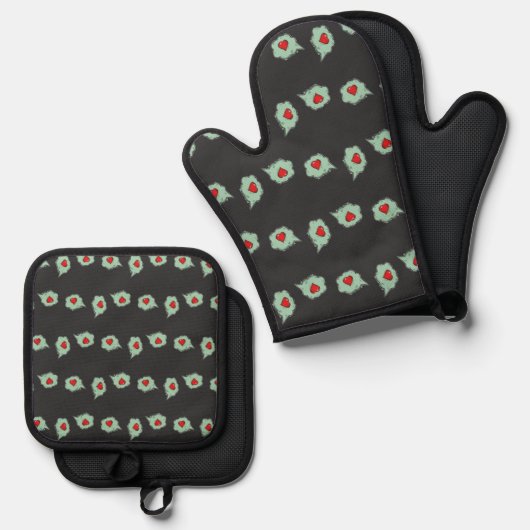 グレーのラブトークパターン 鍋つかみ&鍋敷きセット (正面/裏面)