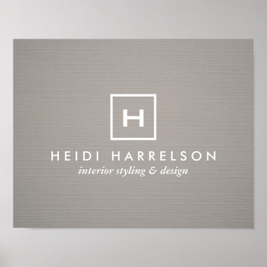グレーのリネンにあなたのイニシャル/モノグラムとボックスロゴ ポスター (正面)