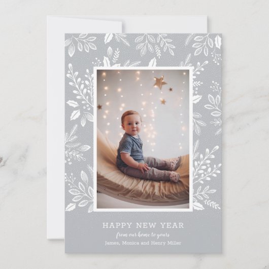 グレーの写真に新年の植物を楽しむ シーズンカード (正面)