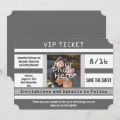 グレーの写真付きチケット Save the Date ウェディングカード セーブザデート (正面/裏面)