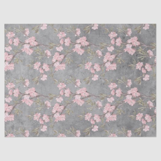 グレーの切り離し上のピンクの花と枝 薄葉紙 (正面)
