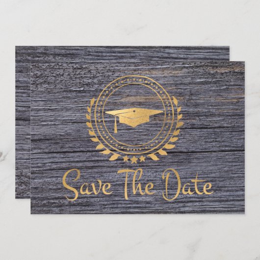 グレーの卒モダン業記録を保存する日付金ゴールドのグレードキャップ セーブザデート (正面/裏面)