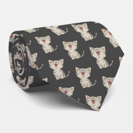 グレーの可愛い笑い猫 ネクタイ