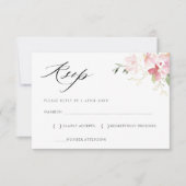 グレーの台紙に、優しいピンクの花の水彩画とブラックのスクリプトがデザインされた、RSVPカード 出欠カード (正面)