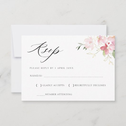 グレーの台紙に、優しいピンクの花の水彩画とブラックのスクリプトがデザインされた、RSVPカード 出欠カード (正面)