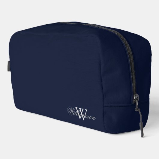 グレーの姓の上にグレーの淡い色のモノグラムの深いブルー ドップキット (右コーナー)