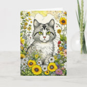 グレーの子ネコ座って花誕生日 カード (正面)