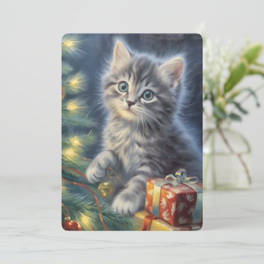 グレーの子猫のクリスマス シーズンカード (スタンド正面)