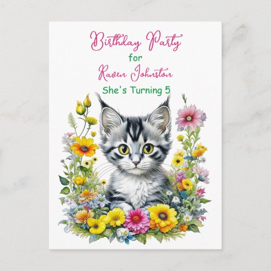 グレーの子猫をテーマにした女の子の誕生日パーティーの招待状 ポストカード (正面)