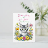 グレーの子猫をテーマにした女の子の誕生日パーティーの招待状 ポストカード (スタンド正面)