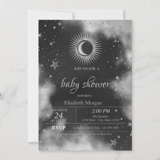 グレーの宇宙の太陽 月 星のベビーシャワー 招待状 (正面)