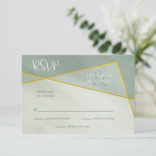 グレーの幾何学的タイポグラフィ結婚式rsvp 出欠カード (スタンド正面)