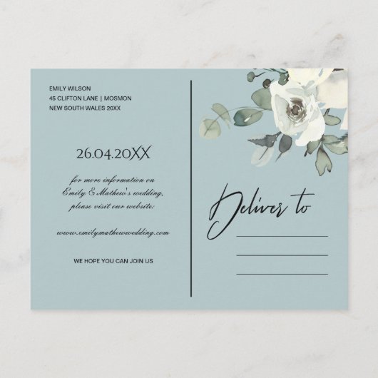 グレーの微妙なアイボリー白いフローラバンチ日付を保存 案内ポストカード (裏面)