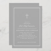 グレーの最初の聖なる聖体ピンクのクロスシンプルフレーム 招待状 (正面/裏面)