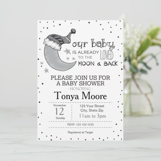 グレーの月とバックのベイビーシャワーの招待状 招待状 (スタンド正面)