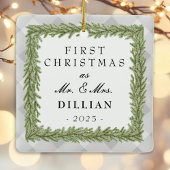 グレーの格子模様のギンガム写真1stクリスマス結婚した セラミックオーナメント