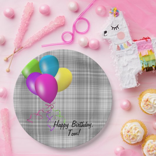 グレーの格子模様の誕生日バルーン ペーパープレート (パーティー)