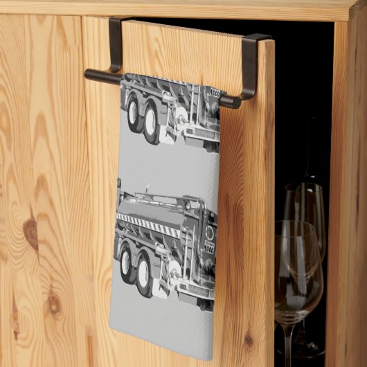 グレーの消防車の絵を描油、皿タオル キッチンタオル (三つ折り)