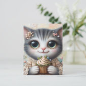 グレーの猫とカップケーキ ポストカード (スタンド正面)