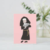 グレーの猫の贈り物を持つ修道女 ポストカード (スタンド正面)