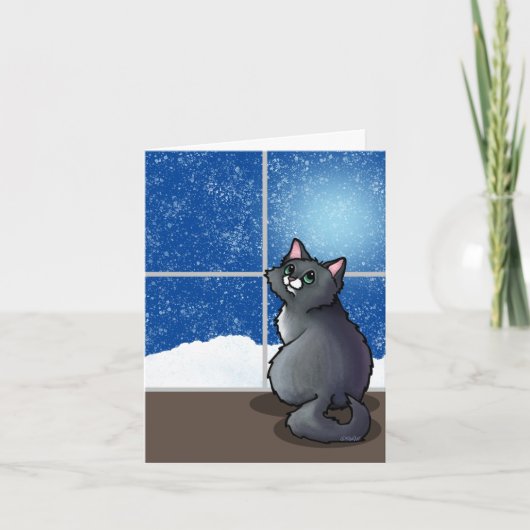 グレーの猫の雪の窓のクッション カード (正面)