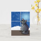 グレーの猫の雪の窓のクッション カード (黄色い花)