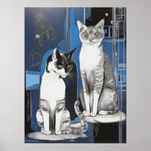 グレーの猫2匹の抽象芸術背景 ポスター