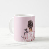 グレーの猫 ピンクのぼう 女性 コーヒーマグカップ (正面左)